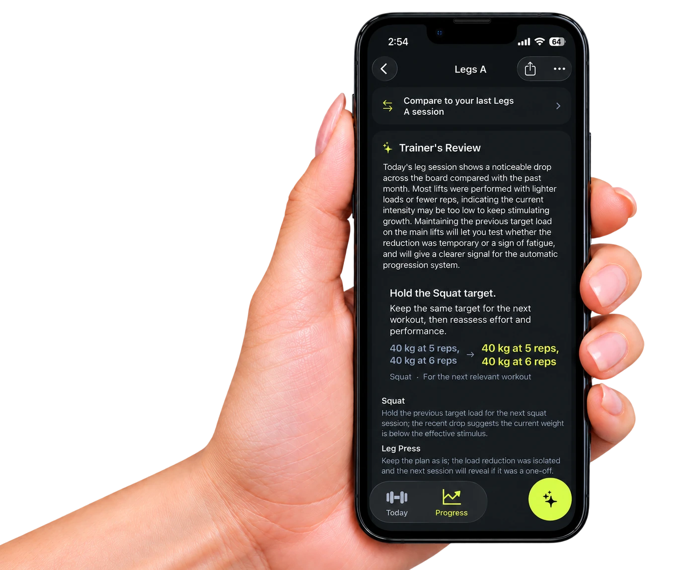A phone held after a workout, showing the AI Trainer's Review for a Legs A session